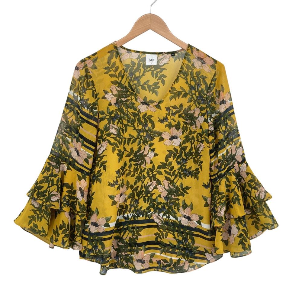 Cabi Floral Ruffle Sleeve Blouse Small Yellow Green Sheer V-Neck Top
